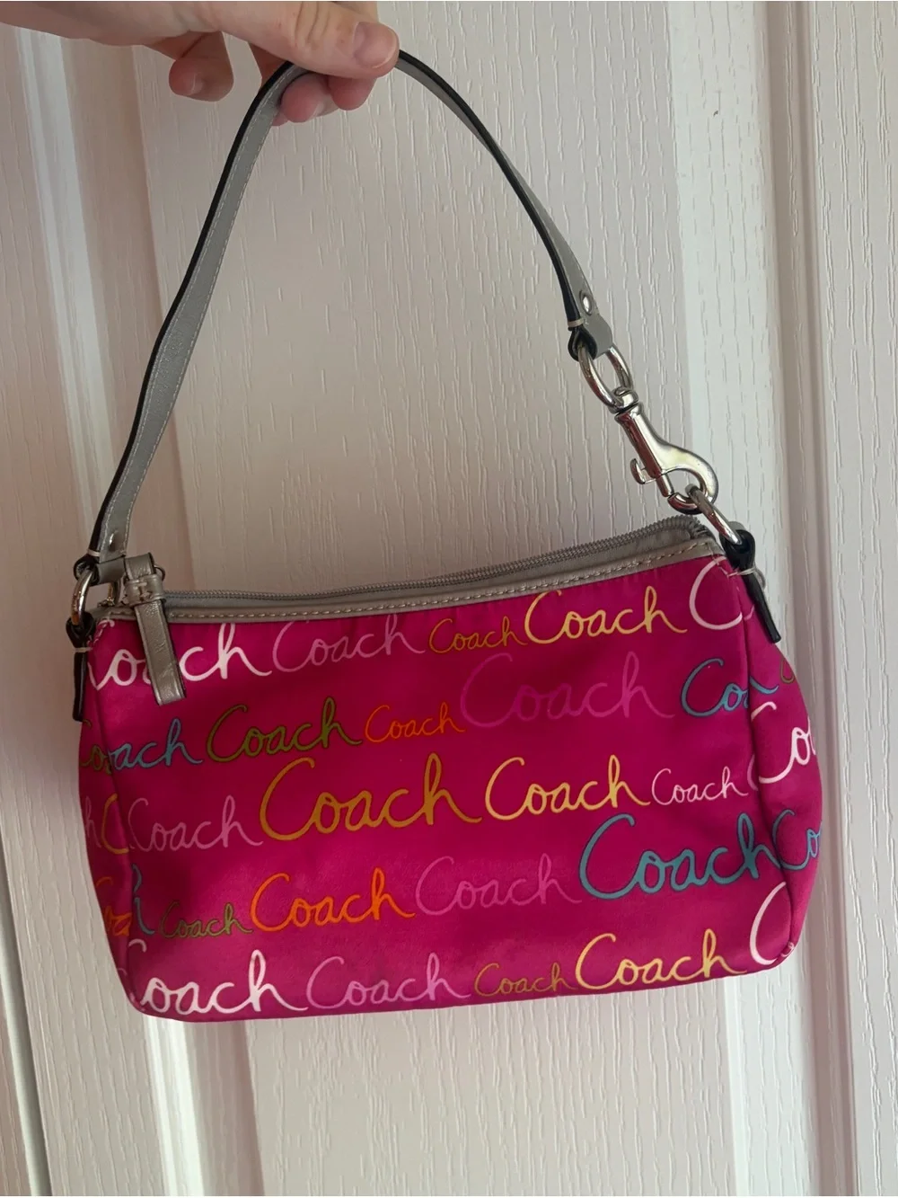 Coach Y2K Hot Pink Multicolor Script Shoulder Bag with Silver Trim